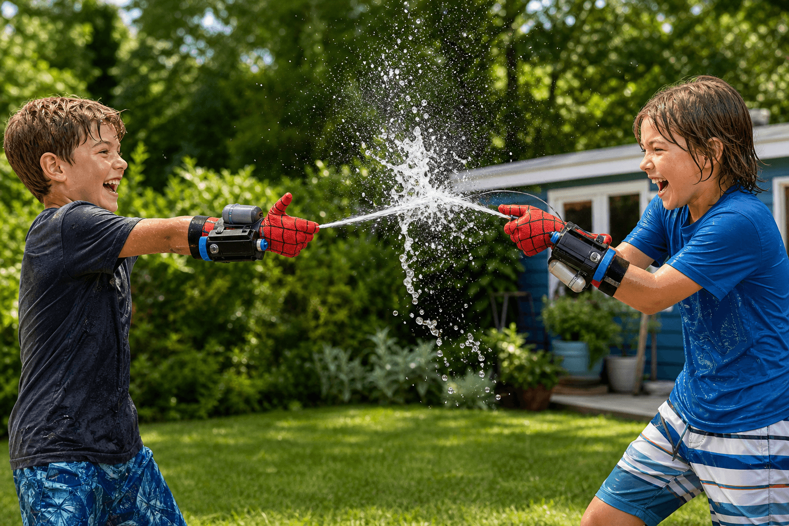 Two kids in an epic water battle